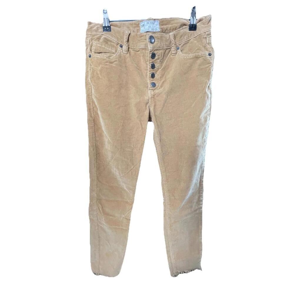 Free People Women’s Corduroy Pants Size W27 Tan Boho Frayed Hem Stylish Skinny